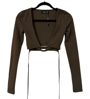 White Fox Cropped Long Sleeve Tie Metal Detail Top Womens XS Brown thumbnail 1