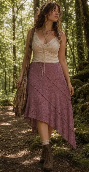 No Comment Women’s XL Mauve Lace Layered Asymmetrical Hem Midi Skirt Fairycore Cottage Boho thumbnail 1