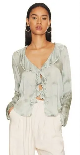 Free People Womens‎ Sascha Ruffled Frill Long Sleeve Blouse Muted Green Medium thumbnail 1