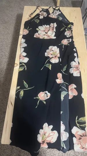 SHEIN Black Floral Halter Maxi Dress Pink Peony Print‎ High Slit XL 12 thumbnail 1