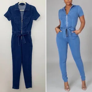 NWOT Haute Monde Zip Up Front Denim Short Sleeves Bodycon Jumpsuit, Sz Small thumbnail 2