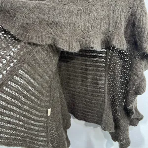 Free People Rosie Lee Poncho‎ Medium Brown Open Knit Ruffle Hem Boho Oversized thumbnail 7