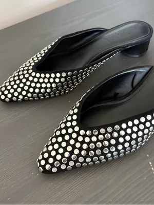 ZARA Black Studded Mules Size 37 Pointed Toe Kitten Heel Slip On Flats Chic thumbnail 2