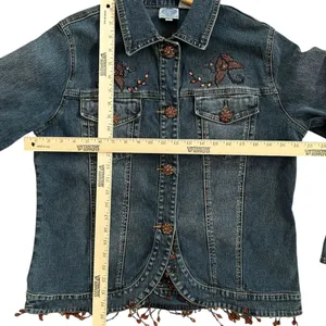 Diane Gilman Women’s Denim‎ Funky Boho Jacket Rhinestone Buttons Beaded Fringe thumbnail 5