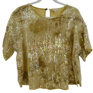 Pilcro‎ Anthropologie Gold Sequin Boxy Oversized Short Sleeve Top Medium Womens thumbnail 2