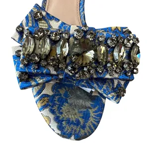 Tory Burch‎ Valentina Brocade Crystal Bow Slide Sandals Blue Gold 8 thumbnail 9