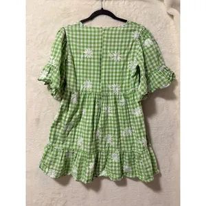 Sabo Skirt Green Gingham Floral Embroidered Mini Dress Womens Size 8 L V-Neck thumbnail 6