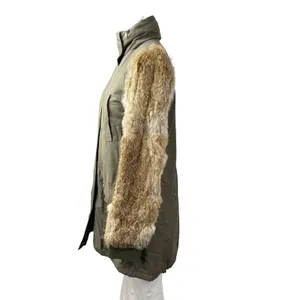 Aqua Genuine Rabbit Fur Long Sleeve Stand Collar Utility Parka Coat Jacket Sz XS thumbnail 2