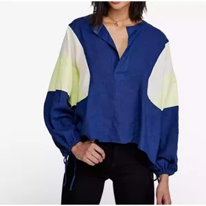 Free People We The Free Top Beating Hearts Colorblock Linen Blend Blue Sz Small thumbnail 11