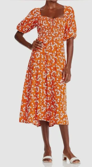 Faithfull The Brand Women's Orange Velika Midi Valencia Floral Dress Size small thumbnail 1