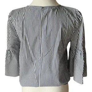 Zara Navy and White Striped Blouse Poplin Bell Sleeves Pearl Accent 3/4 Sleeves‎ thumbnail 5