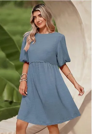 New Blue crew Neck Tunic Mini Tiered Babydoll Dress S thumbnail 5