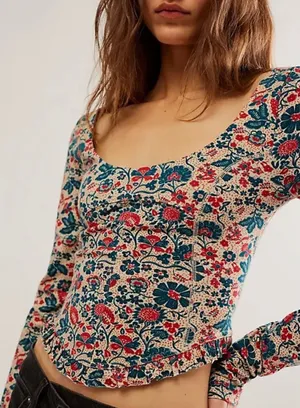 Free People sz M Ruffle Paisley Melanie Scoop Top Blouse Boho Feminine Cottage thumbnail 1