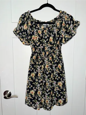 Purple Snow Black Floral Ruffle Sleeve Dress thumbnail 1