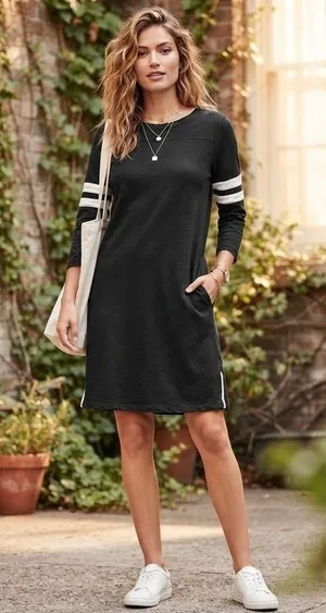 J.Crew Women's Black Midi Dress 3/4‎ Sleeve White Stripe Side Zip Size S thumbnail 1