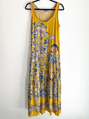 Anthropologie Maeve Puebla Printed Tiered Maxi Dress Yellow Blue Medium thumbnail 3