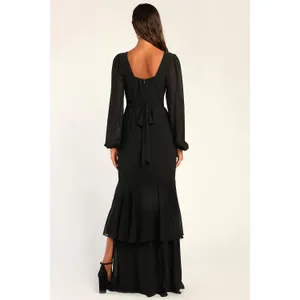 Lulus Tier Elegance Black Long Sleeve Tiered Maxi Dress Chiffon Formal M NWT thumbnail 3