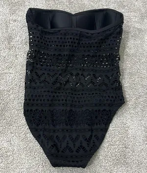 New Large Black Strapless Sheer Crochet One Piece Swim Suit with Button Detail thumbnail 7
