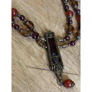 Vintage Multi-Strand Necklace With Red & Amber Beads Bronze Pendant & Chain Intr thumbnail 6