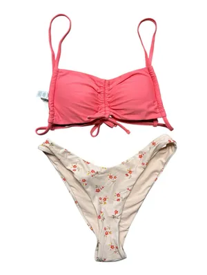 Aerie Two Piece Swimsuit Bikini Bandeau Top Cheeky Bottoms Ditsy Floral Pink S thumbnail 1