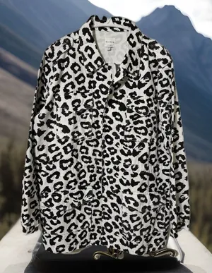 EUC Ellison Black White Leopard All Over Print Denim Utility‎ Jacket - Large OLD thumbnail 1