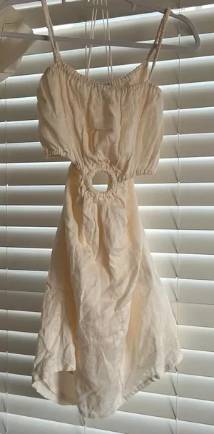 Faithfull The Brand Ivory Linen Cut Out Ring Mini Dress Euro minimalist Size L thumbnail 1