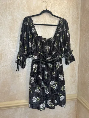 Hutch Black Velvet Floral Ruched Square Neck Mini Dress Size M Whimsigoth thumbnail 5