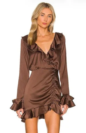 Majorelle Nelly Satin Ruffle Long Sleeve Mini Dress in Brown Size Medium thumbnail 1