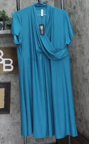 NWT 24Seven Comfort Apparel Womens Knit Faux Wrap Midi Dress Teal Blue 1X thumbnail 1