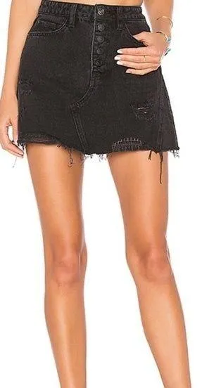 Free People Black Distressed Denim Skirt thumbnail 1