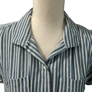 Japna 100% Cotton Blue White Striped Elastic Waist Mini Dress Pockets Medium thumbnail 3