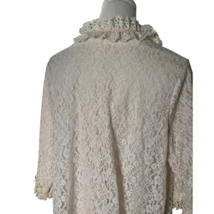 Vintage Lady Irene Lace Ruffle Peignoir Robe L Ivory Pink Ribbon Nylon Nightgown thumbnail 2