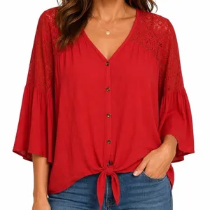 Knox Rose‎ Womens XXL Red Lace Bell Sleeve Tie Front Button Down Boho Blouse thumbnail 1