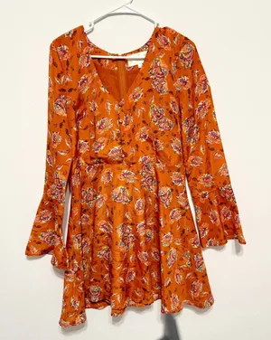 J.O.A. Womens Dress L New Rust Orange Purple Floral Mini Bell Long Sleeve‎ thumbnail 1