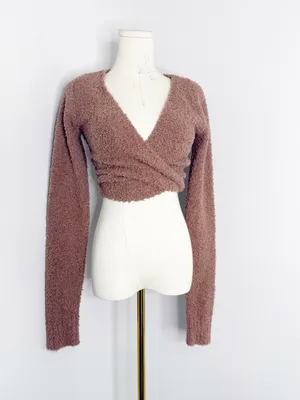 SKIMS Cozy Knit Wrap Sweater S/M Teddy Fuzzy Cropped Tie Front Brown thumbnail 3