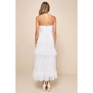 Lulus Women L White Tulle Swiss Dot Strapless Tiered Midi Dress NEW Romantic thumbnail 3