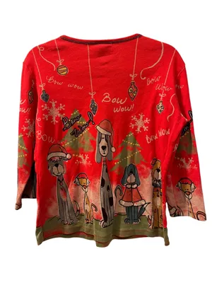 Vtg Jess & Jane Christmas Shirt Women's Medium Red Bow Wow Dogs Rhinestone Bling thumbnail 2