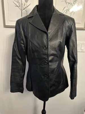 Women’s Black Leather Jacket Blazer Medium Button Up Hipster Retro VTG East 5th thumbnail 1