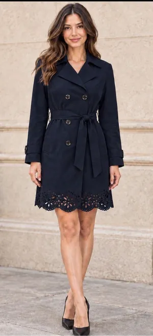 New York & Company Navy Belted Trench Coat Floral Eyelet Scalloped Hem size m thumbnail 1