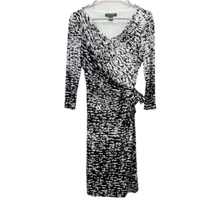 Ralph Lauren Black White‎ Geo Faux Wrap Tie 3/4 Sleeve Stretch Sheath Dress 4 thumbnail 2