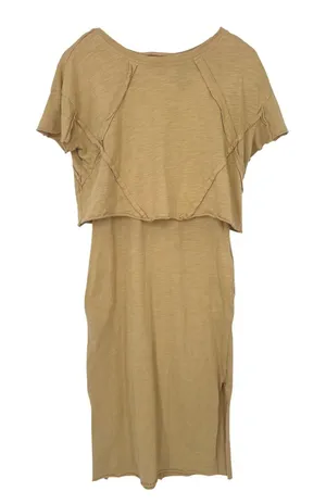VOY Midi Dress S Tan Slub Knit Layered Raw Hem Boho Lagenlook Earthy Neutral thumbnail 1