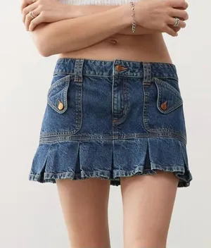 Reclaimed Vintage Y2K Denim Pleated Mini Skirt Womens US 6 Blue Low Rise thumbnail 1