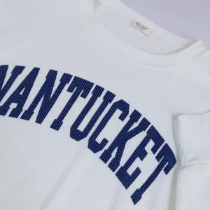 John Galt Nantucket Graphic Thermal Top‎ Women OS White Blue Cropped Waffle Knit thumbnail 2