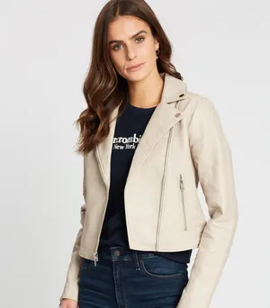 Abercrombie & Fitch Nude tan faux vegan leather moto biker jacket S thumbnail 2