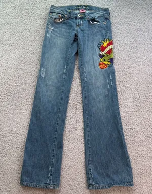American Republic Y2K Embroidered Love Skull Flare Bootcut Jeans Women's 26 thumbnail 1