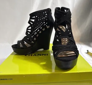 Gianni Bini Pallina Wedge Shoes Womens 7M Black Suede Open Toe 5” Heel In Box thumbnail 1