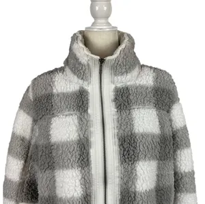 Abercrombie Sherpa Check Fleece Plaid Full Zip Jacket Coat Gray and White Size Medium thumbnail 9