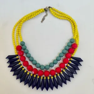 Yellow beaded red and green and blue statement necklace thumbnail 3