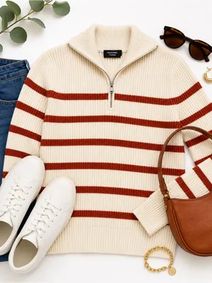 Monoprix Femme Ivory Rust Stripe Ribbed Half Zip Sweater XS French Knit Top Chic thumbnail 13