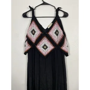 REBELLION Crochet Geometric Maxi Dress Sleeveless Black Pink Size M thumbnail 5